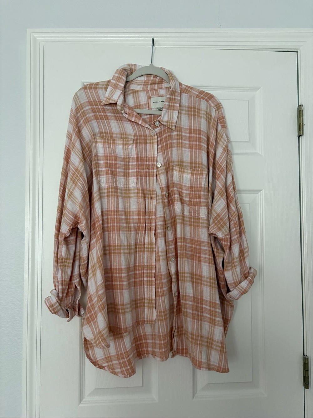 American Eagle Outfitters Beige/Pink Plaid Button-Down Shirt